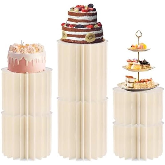 6Pcs Cylinder Stands for Party, Stackable Cream White Pedestal Stands with Acrylic Tops, Foldable Round Cardboard Pillars for Dessert Table Display, Wedding, Birthday & Event Decor