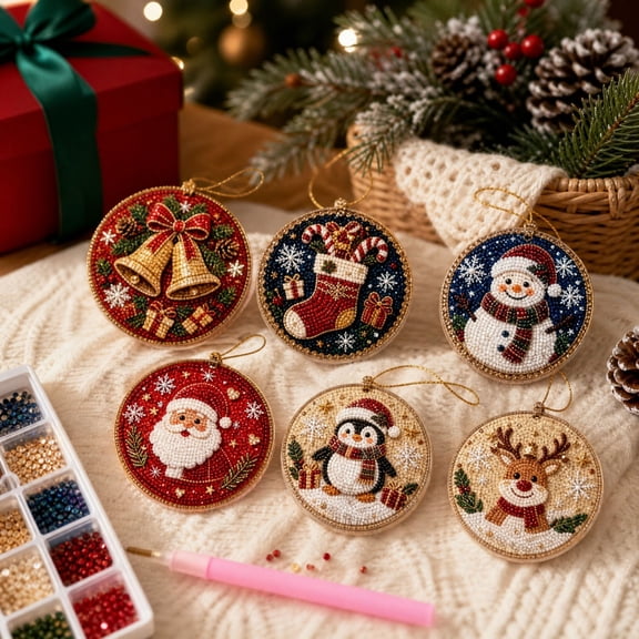 6Pcs DIY Christmas Tree Decorations Diamond Painting Kits, Round Acrylic Xmas Hanging Ornaments Pearl Diamond Art Kits for Kids Adults, Rhinestone Art Crafts for Holiday Home Display