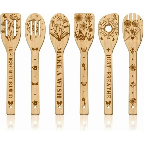 6Pcs Dandelion Wooden Spoons Utensil Set Butterfly Bamboo Carving Kitchen Cooking Utensils Wooden Engraved Cooking Spatula Set for Kitchen Fun House Warming Gift DIY