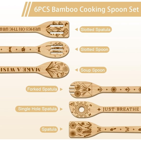 6Pcs Dandelion Wooden Spoons Utensil Set Butterfly Bamboo Carving Kitchen Cooking Utensils Wooden Engraved Cooking Spatula Set for Kitchen Fun House Warming Gift