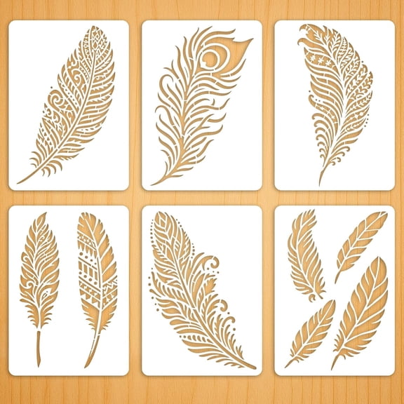 6Pcs Decorative Mandala Feather Stencil PET Painting Templates Inlay Border Stencils for Furniture Reusable DIY Art and Craft for Wall Wood Fabric Canvas Paper Home Decor 8.3x11.7inch