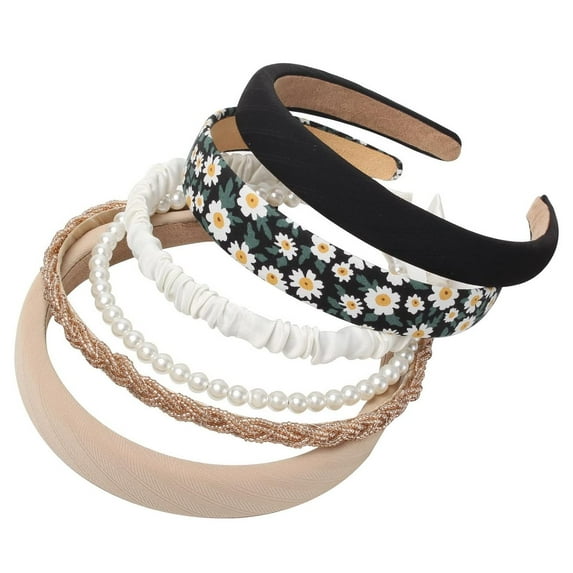 6Pcs Different Designs Headbands for Women Non Slip Flower Black White Solid Headband Set Cute Pearl Hair Band for Girls Twisted Hairband