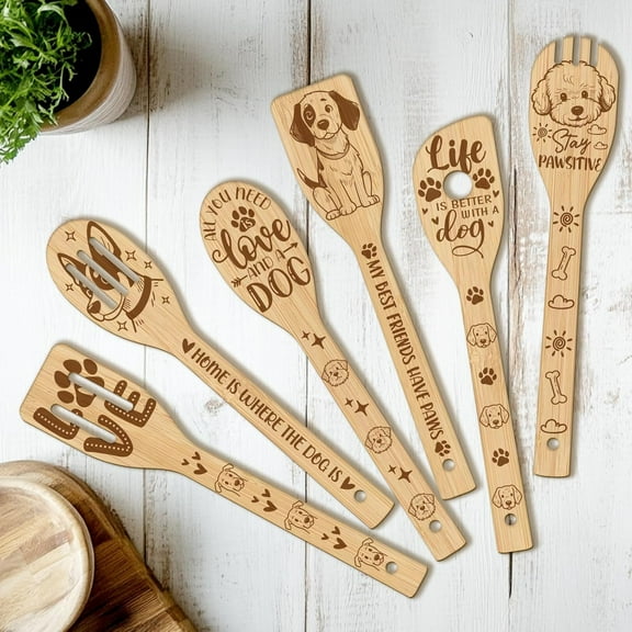 6Pcs Dog Wooden Kitchen Utensil Set for Cooking Bamboo Wood Cooking Spoons Set - Unique Birthday Housewarming Kitchen Gift for Women Valentines Mothers Day BurlyWood
