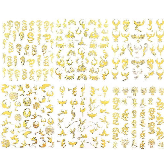 6Pcs Dragon Phoenixs Nail Stickers Chinese Style Waterproof Adhesive Nail Art Decal (Gold)