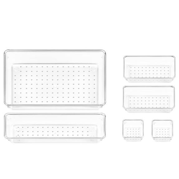 6Pcs Drawer Organizers, Desk Drawer Organizer, 4-Size Versatile Bathroom and Vanity Drawer Organizer Trays, Storage Bins for Makeup, Bedroom, Kitchen Gadgets Utensils and Office, Clear