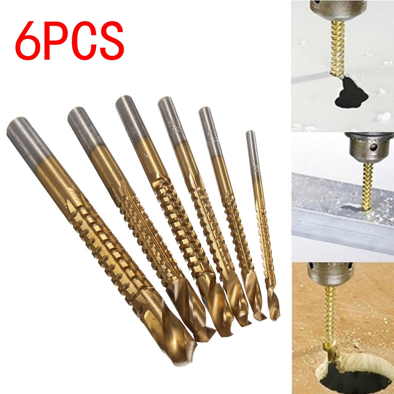 6Pcs Drill Bits Serrated Cobalt Drill Bit Set,Spiral Screw Metric Composite Tap Drill Bit Set,Serrated Side Cutting Drill Bit,Serrated Cutting Bits Woodworking Tools for Wood Metal Plastic Hole,Gold