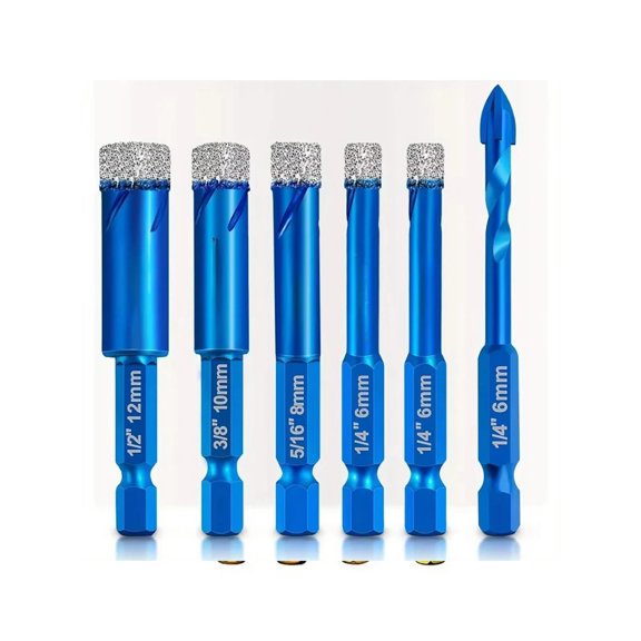 6Pcs Dry Drill Core Bit Set Spiral Groove Brazed Drill Bit Hex Shank Hole Saw for Ceramic Tile Granite Marble