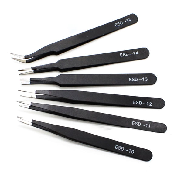 6Pcs ESD Stainless Steel Precision Anti-Static Tweezers Set for Electronics