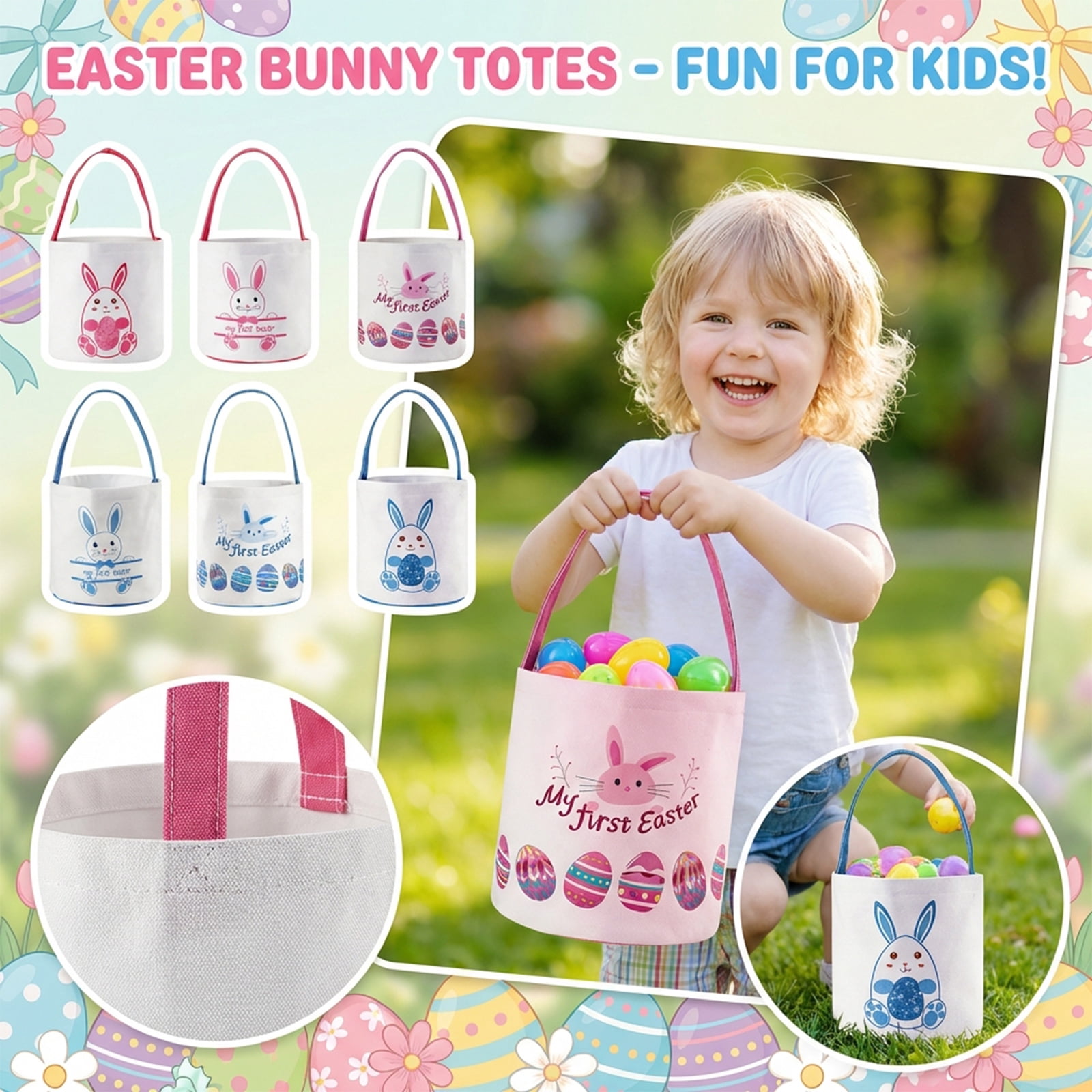 6Pcs Easter Bunny Basket Egg Buckets, Cute Canvas Cotton Tote Bags Egg Hunt Basket for Easter Party Gifts, 9.45x9.66Inch
