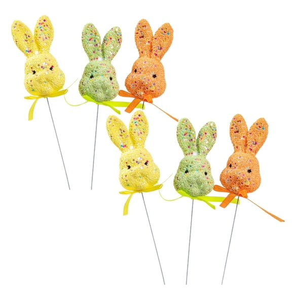 6Pcs Easter Bunny Head Picks 10.0" Colorful Glittering Foam Rabbit Stakes with Ribbon Bows Garden Ornaments for Indoor Outdoor Yard Patio Planter Flower Pot Decorations