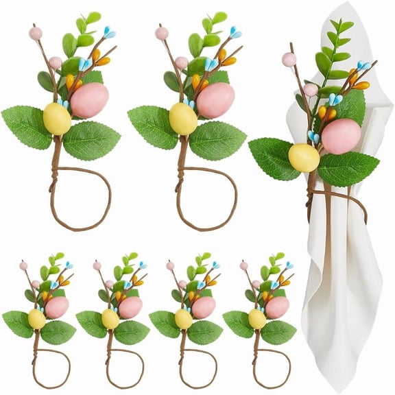 6Pcs Easter Eggs Napkin Rings Egg Napkin Ring Cloth Rattan Spring Holiday Pastel Round Green Leaves Table Settings Napkins Rings Holders for Easter Day Birthday Party Dinner Tables Decor