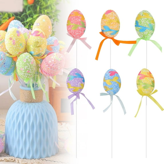 6Pcs Easter Eggs Picks for Vase Filler Artificial Easter Egg Picks Glitter Easter Eggs for Diy Bouquet Spring Table Decorations Flower Arrangement Home Decor,Easter Decorations, Decorated Eggs