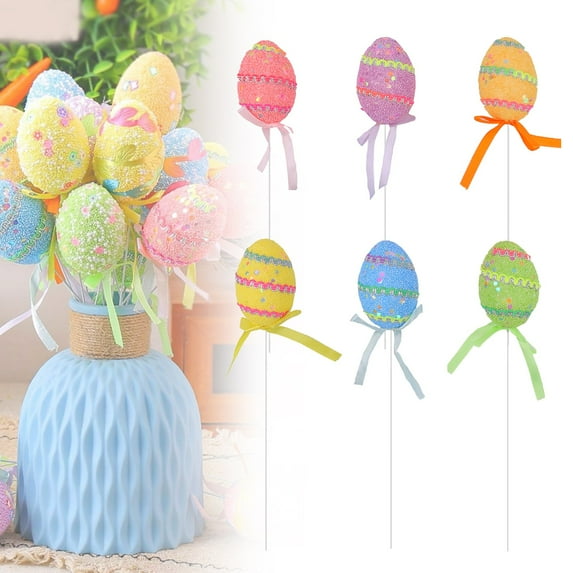 6Pcs Easter Eggs Picks for Vase Filler Artificial Easter Egg Picks Glitter Easter Eggs for Diy Bouquet Spring Table Decorations Flower Arrangement Home Decor,Easter Decorations, Decorated Eggs
