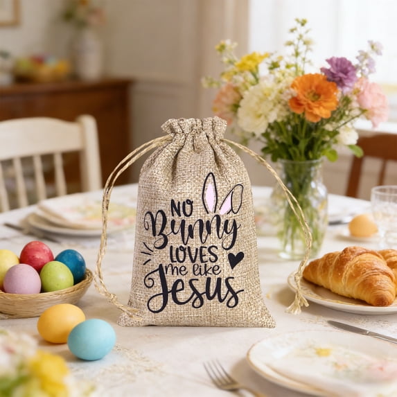6Pcs Easter Gift Bag Cute Drawstring Bag 5.9 x 3.9 Inch Easter Bunny Rabbit Gift Pouch Bag Rustic Hunt Bag for Party Favor DIY Craft