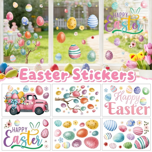 6Pcs Easter Wall Decor, 8.3 x 10.6 Inch Stickers Happy Easter Egg Flower Wall Decals Small Room Mural Stickers for Spring Home Office School Party Door Window Decoration