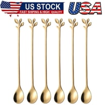 6Pcs Elegant Gold Leaf Long Handle Teaspoons - 7.4" Stainless Steel Stir Spoons