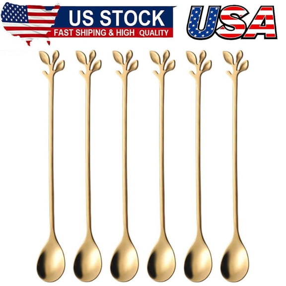 6Pcs Elegant Gold Leaf Long Handle Teaspoons - 7.4" Stainless Steel Stir Spoons