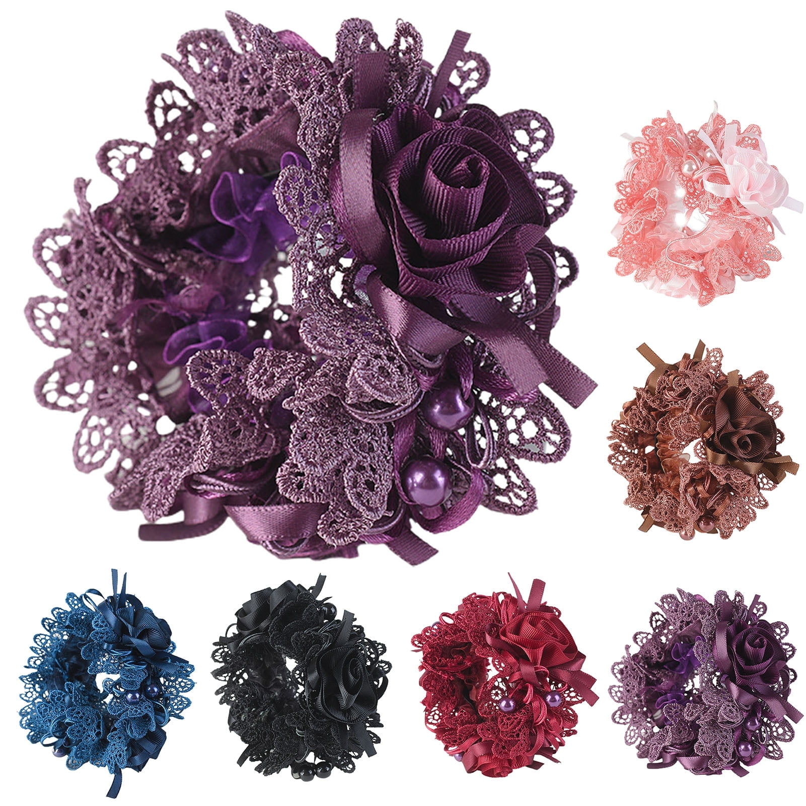 6Pcs Elegant Lace Scrunchies Hair Ties for Women Girls,Flower Scrunchy Hairtieswith Pearl for Thick Curl Hair Accessories
