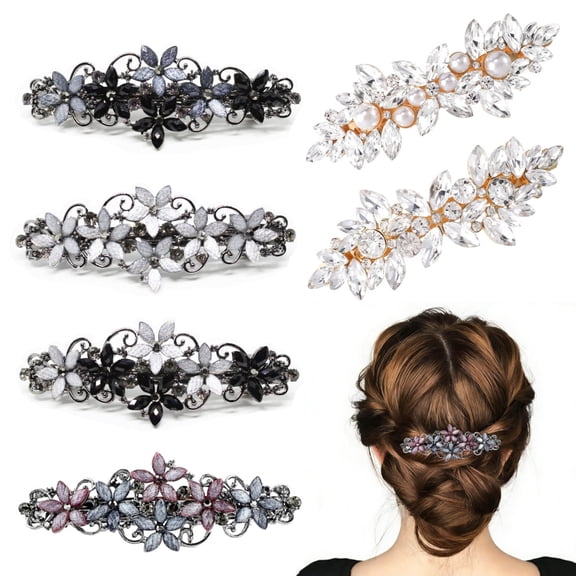 6Pcs Elegant Sparkly Glitter Rhinestones Flowers Hair Barrettes for Women, Flower Crystal Rhinestones Barrette Pearl Spring Hair Clips