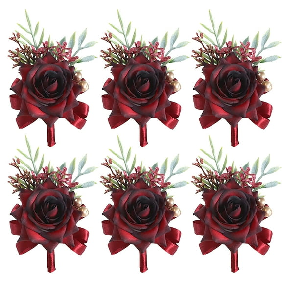 6Pcs Elegant Wedding Corsage Set - Silk Flower Prom Corsages for Bridal Party, Mother, Anniversary, Formal Dinner (Wine Red)