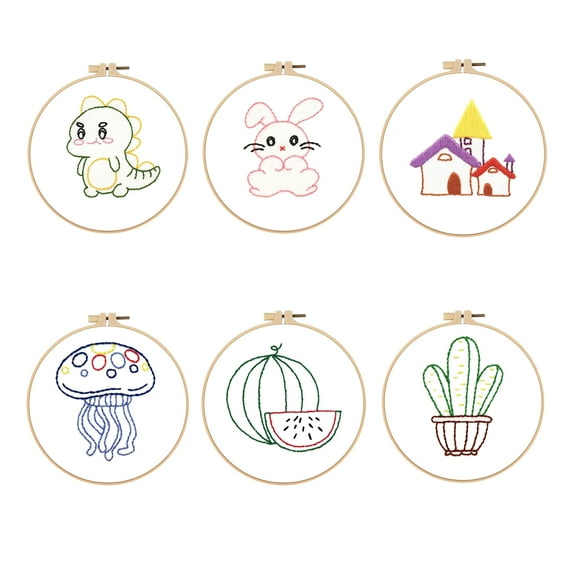 6Pcs  Embroidery Kit for Kids Fun Pre-Stamped Designs DIY Hand Embroidery Set Needlepoint Kits for Beginners Cross Stitch Craft Sewing