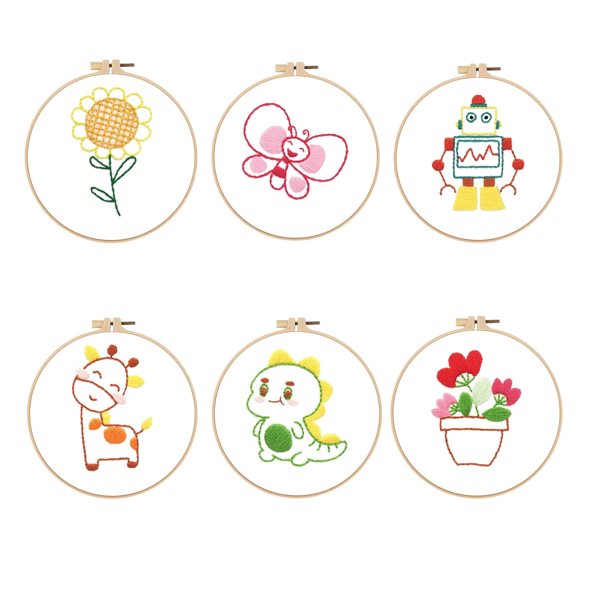 6Pcs  Embroidery Kit for Kids Fun Pre-Stamped Designs DIY Hand Embroidery Set Needlepoint Kits for Beginners Cross Stitch Craft Sewing