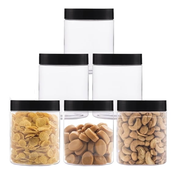 6Pcs Empty Plastic Containers with Black Lids,Clear Storage Jars,Wide-Mouth Food Storage Cans,Round Leak Proof Candy Organizer,for Storing Dry Food Peanut Spice Cookie Snack Slime 8oz