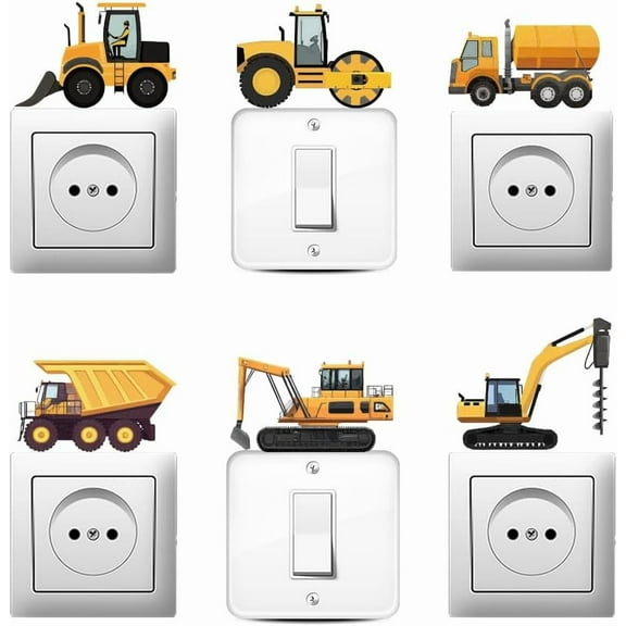 6Pcs Engineering Vehicle Light Switch Stickers Excavator Funny Wall Sticker Interesting Light Switch Decals for DIY Boys Girls Room Light Switch Outlets Socket Ledge and Bedroom Home Decor