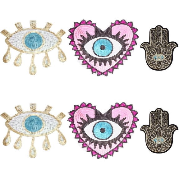 6Pcs Evil Eye Iron On Patches Hamsa Hand Heart Sew on/Iron on Embroidered Applique Sparkling Coloful DIY Applique Repair Patches for Shirt Jeans Jacket