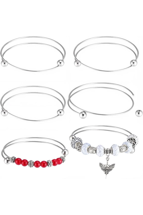 6Pcs Expandable Blank Bangle 304 Stainless Steel Silver Adjustable Wire Bangles Blank Cuff Bracelets with Removable Ball Bead