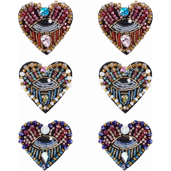 6pc Eye Beaded Patches - 3 Color Rhinestone Applique Heart Shaped Sequined Patch Beaded Applique for Fabric Decor for DIY