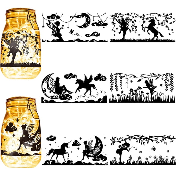 6Pcs Fairy Silhouettes Mason Jar Decor Angel Lantern Laser Cutouts Ornaments Vine Scrapbook for Frosted Glass Wall Window Cars DIY Crafts Xmas Black 7.9x3.5Inch(No Sticker)