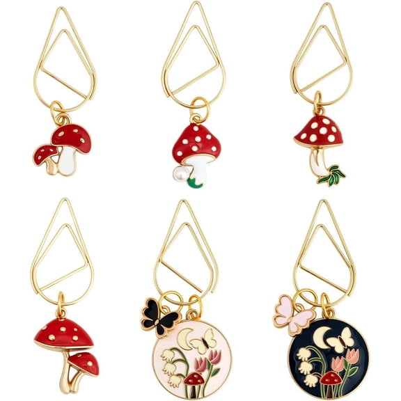 6Pcs Fantasy Mushroom Bookmark Cute Butterfly Flower Bookmarks Mushroom Paper Clips Book Marks with Alloy Enamel Pendants for School Office