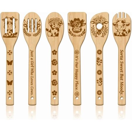 6Pcs Farm Cow Wooden Spoons Utensil Set Bamboo Carving Kitchen Cooking Utensils Wooden Engraved Cooking Spatula Set for Kitchen Fun House Warming Gift