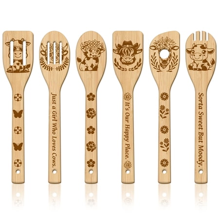 6Pcs Farm Cow Wooden Spoons Utensil Set Bamboo Carving Kitchen Cooking Utensils Wooden Engraved Cooking Spatula Set for Women