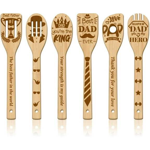 6Pcs Father Wooden Spoons Utensil Set Dad Bamboo Carving Kitchen Cooking Utensils Wooden Engraved Cooking Spatula Set for Kitchen Father's Day Gifts