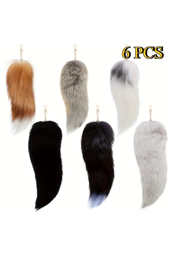 6Pcs Faux Fur Fox Tail Keychain Set Fluffy Animal Tail Bag Charms with Gold Clasp, Soft Plush Hanging Accessories for Backpack, Purse, Costume Styling and Gift Idea