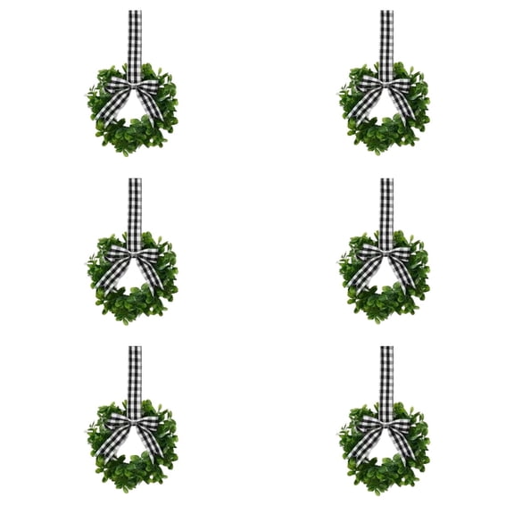 6Pcs Faux Kitchen Cabinet WreathsArtificial Boxwood Wreath, 9" Black & White Plaid Bow, Mini Kitchen Cabinet Wreaths for Door Window Chair Wall Decor