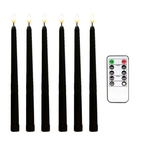 6Pcs Flameless Black Taper Candles Flickering with 10-Key Remote , Battery Operated LED Candlesticks Window
