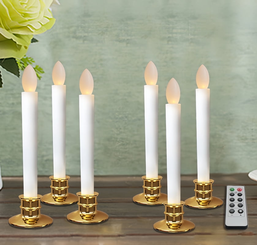 6Pcs Flameless Electric Taper Candles with Remote Control Timer, Flickering 3D Wick Effect Battery Operated LED Candlesticks for Christmas Windowsill Decor