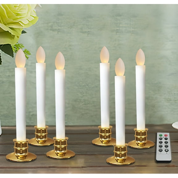 6Pcs Flameless Electric Taper Candles with Remote Control Timer, Flickering 3D Wick Effect Battery Operated LED Candlesticks for Christmas Windowsill Decor