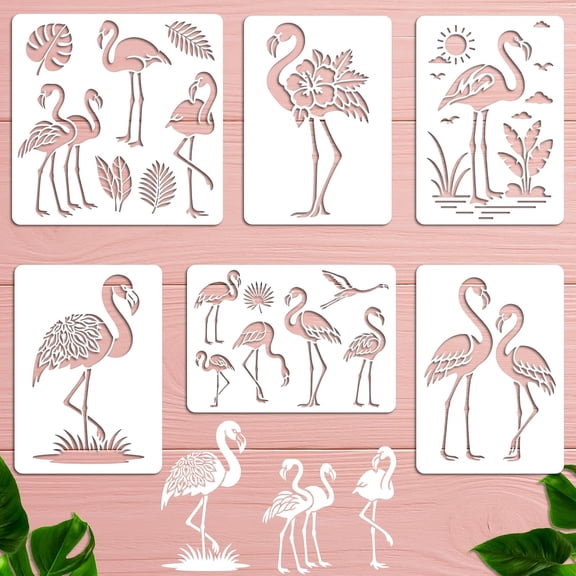 6Pcs Flamingo Stencil PET Painting Templates Drawing Inlay Border Stencils for Furniture Reusable DIY Craft for Wall Wood Fabric Canvas Paper Home Decor 11.7inch