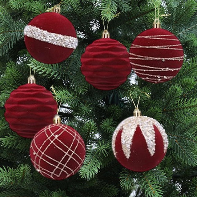 6Pcs Flocked Christmas Ornaments, 8cm Painted Baubles for Xmas Tree ...