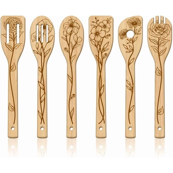 6Pcs Floral Bamboo Cooking Utensils Wooden Engraved Cooking Spoons Set Carving Kitchen Bamboo Spatula Set Wood Cooking Spoon for Kitchen House Warming Gift DIY