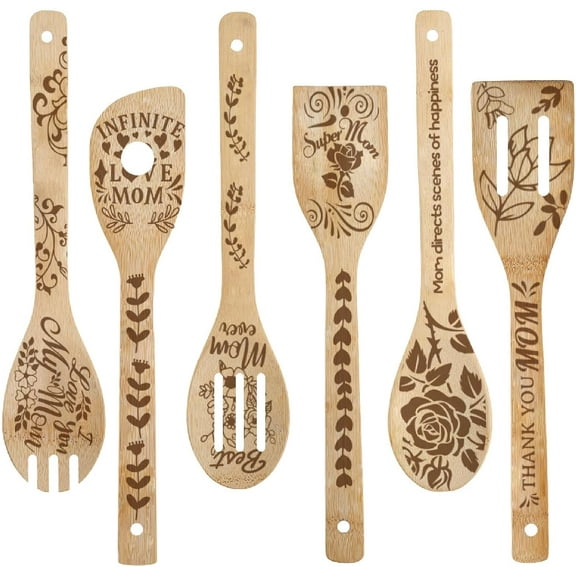 6Pcs Floral Wooden Spoons Utensil Set Rose Flower Love Mom Words Kitchen Tableware Dinnerware Nature Bamboo Cooking Carve Burned Slotted Spatulas for Birthday Housewarming