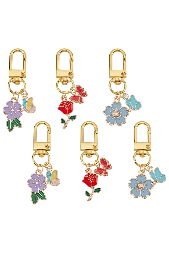 6Pcs Flower Bag Charms 3 Styles Enameled Butterfly Snap Keychain Pendant Handbag Backpack Decoration Charms Car Keyring Holder