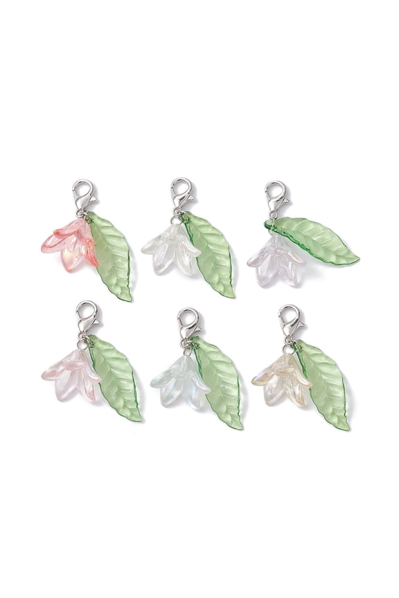 6Pcs Flower Leaf Acrylic Pendant Decorations with Alloy Lobster Claw Clasps Flower Mixed Color 39mm