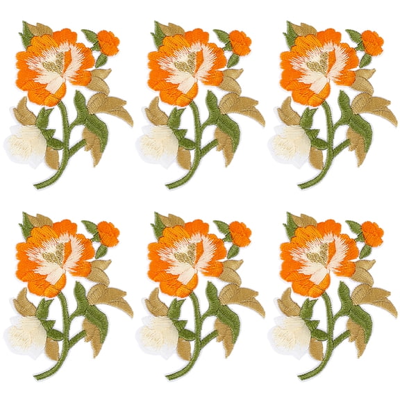 6Pcs Flower Polyester Cotton Computerized Embroidery Iron on/Sew on Patches Chinese Style Appliques Orange 81x63x1.5mm