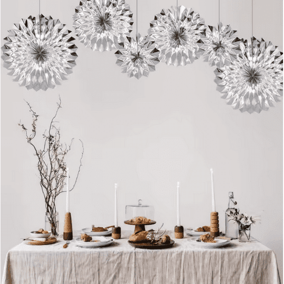 6Pcs Foil Pure Silver Paper Fans Flower Lantern Hanging Backdrops for Festival Birthday Baby Shower Graduation Wedding Bridal Shower Party Home Office Bar Ceiling Decorations Supplies