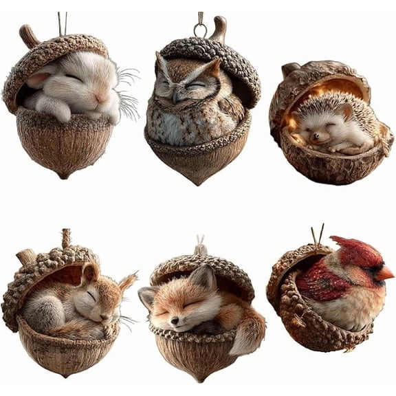 6Pcs Forest Animal Acorn Ornaments,Cozy Forest Christmas Decorations, 2D Acrylic Cute Forest Animal Christmas Trees Hanging Ornaments,Rustic Nature-Themed Home Decor, Animal Lovers Gift